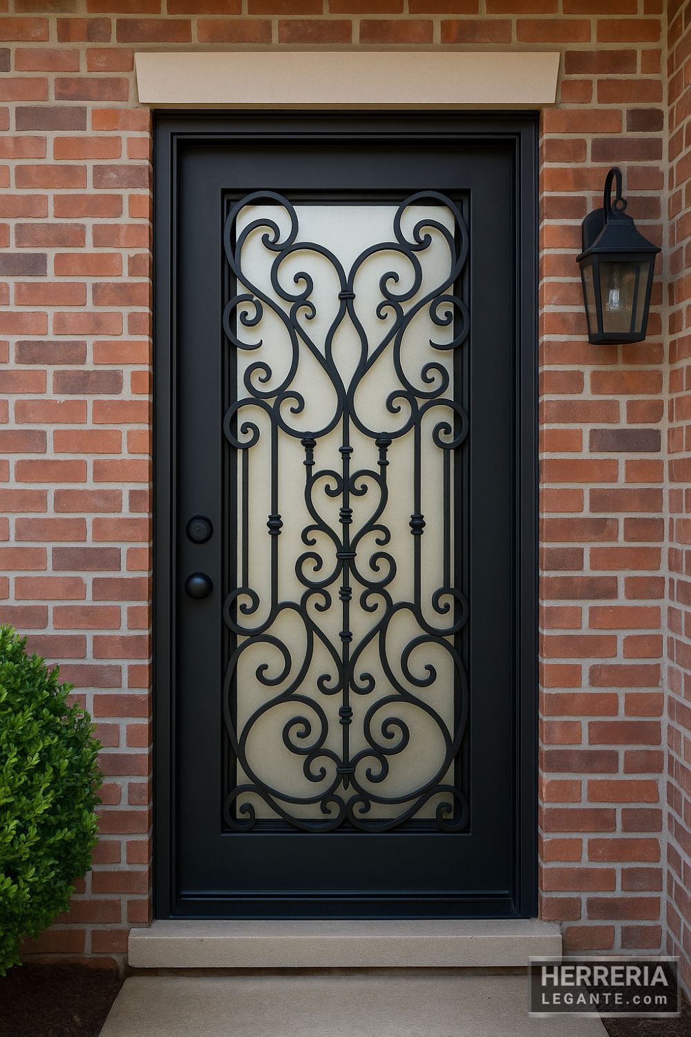 puerta de herrería negra instalada en fachada de ladrillo rojo de un departamento tipo dúplex