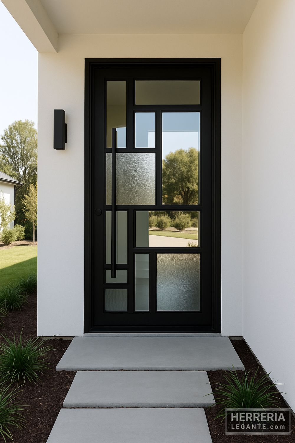 puerta de herrería con diseño asimétrico de vidrio en fachada blanca minimalista