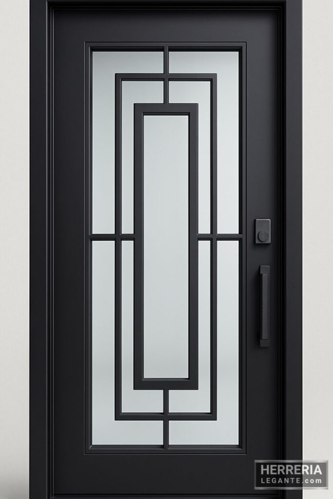 puerta de herrería de una hoja con diseño rectangular escalonado sobre vidrio transparente