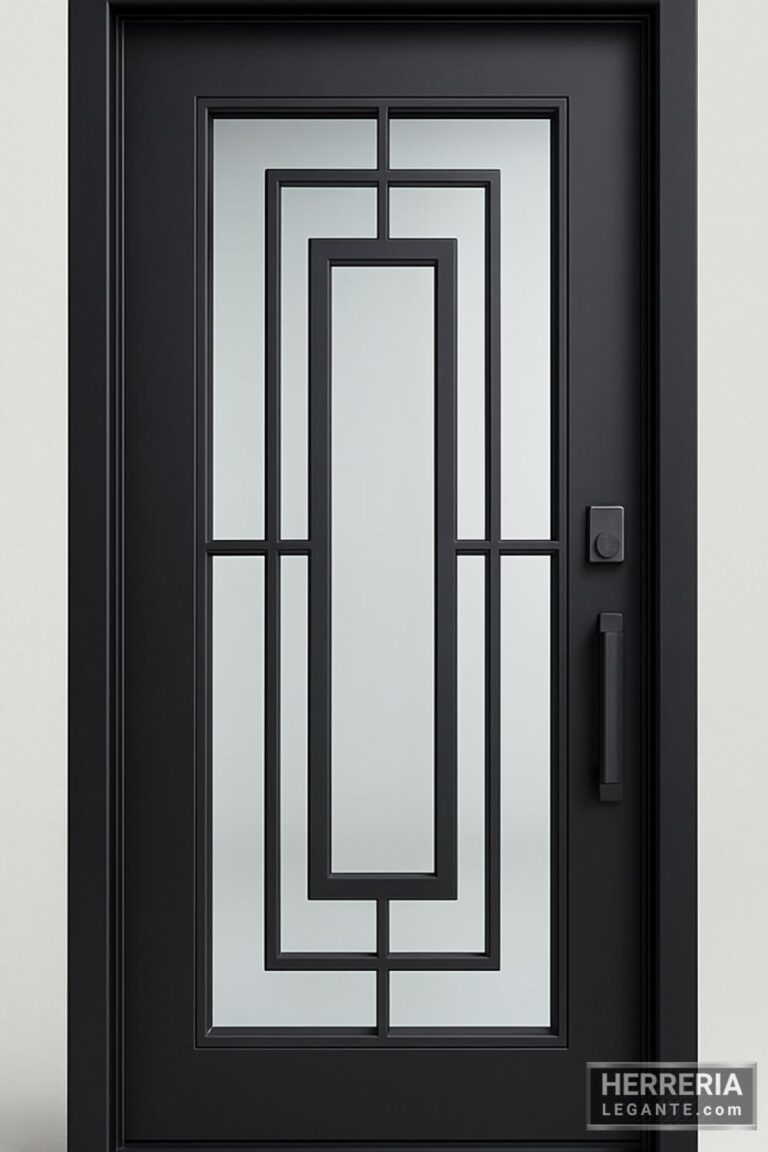 puerta de herrería de una hoja con diseño rectangular escalonado sobre vidrio transparente