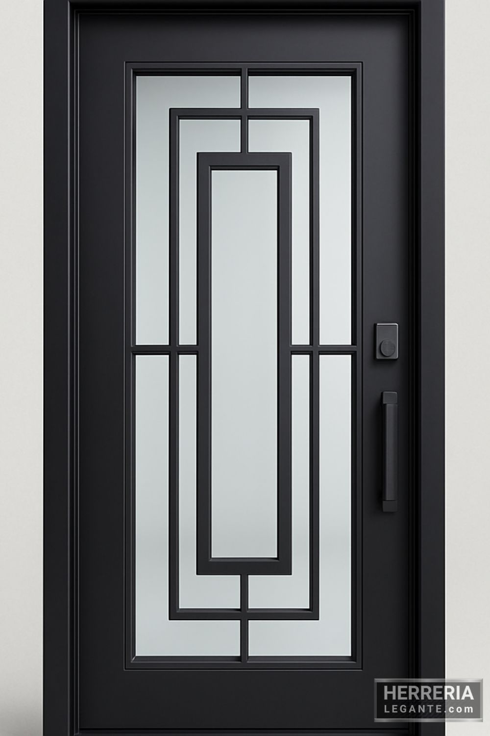 puerta de herrería de una hoja con diseño rectangular escalonado sobre vidrio transparente