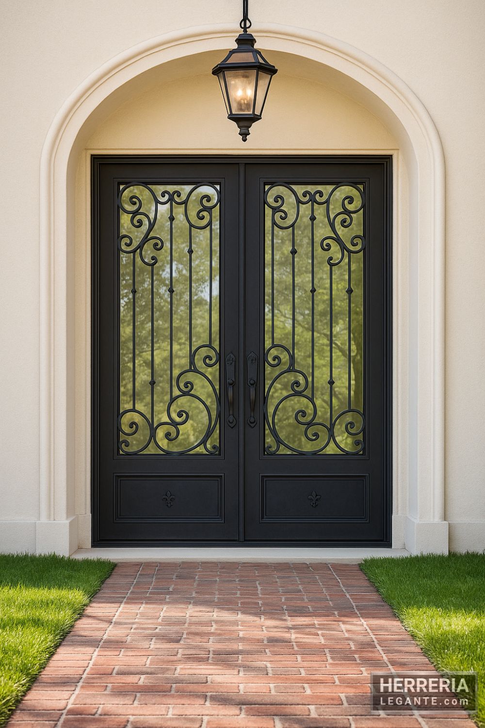 puerta de herrería de doble hoja con vidrio en vivienda restaurada con fachada de valor patrimonial