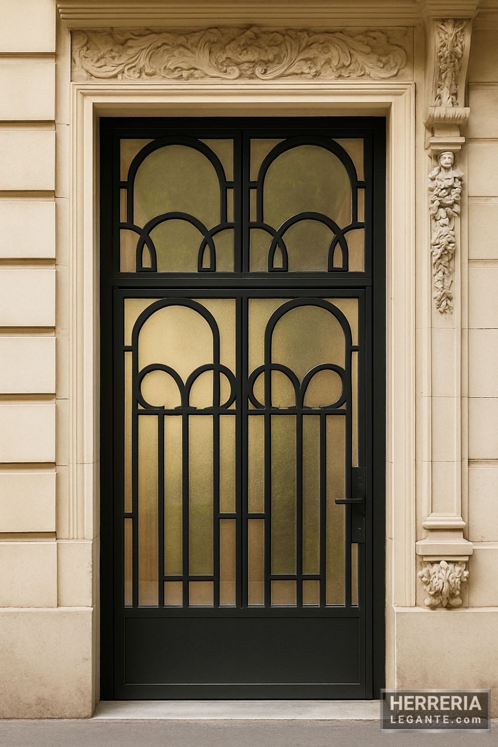 puerta de herrería negra con vidrio y arcos decorativos instalada en fachada de edificio clásico europeo con molduras de piedra