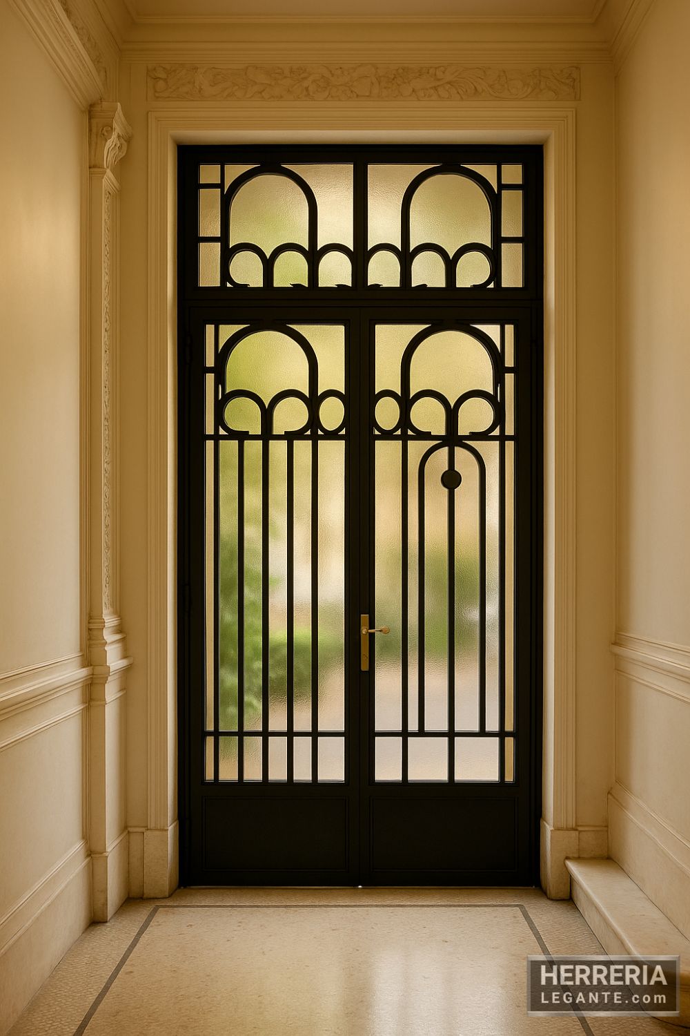 puerta de herrería negra con vidrios, instalada en un interior de estilo clásico europeo con molduras decorativas y vista al exterior