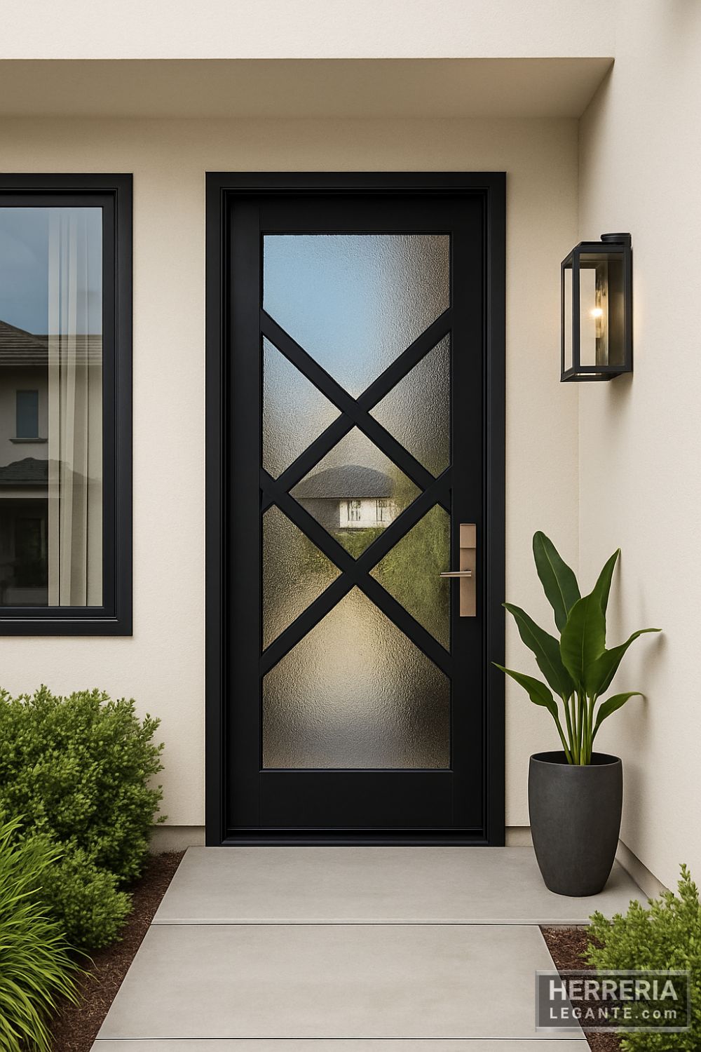 puerta de herrería negra con diseño en cruz y vidrio esmerilado en fachada moderna de color claro con plantas decorativas
