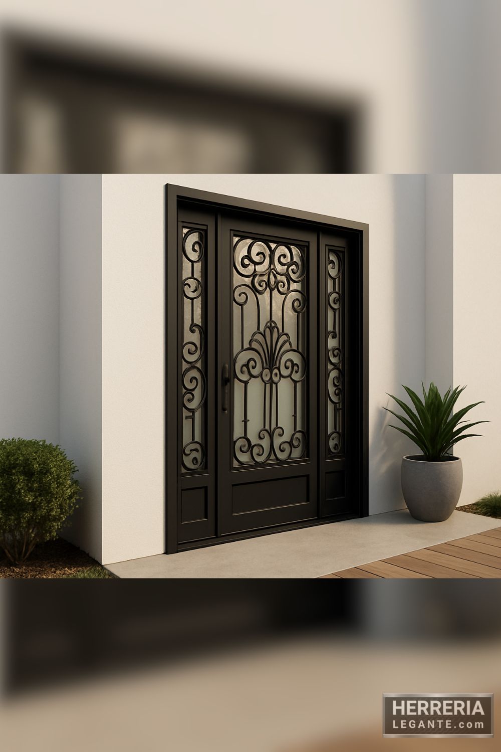 puerta de herrería negra con vidrio y forja ornamental en fachada blanca moderna con planta decorativa y piso de losetas claras