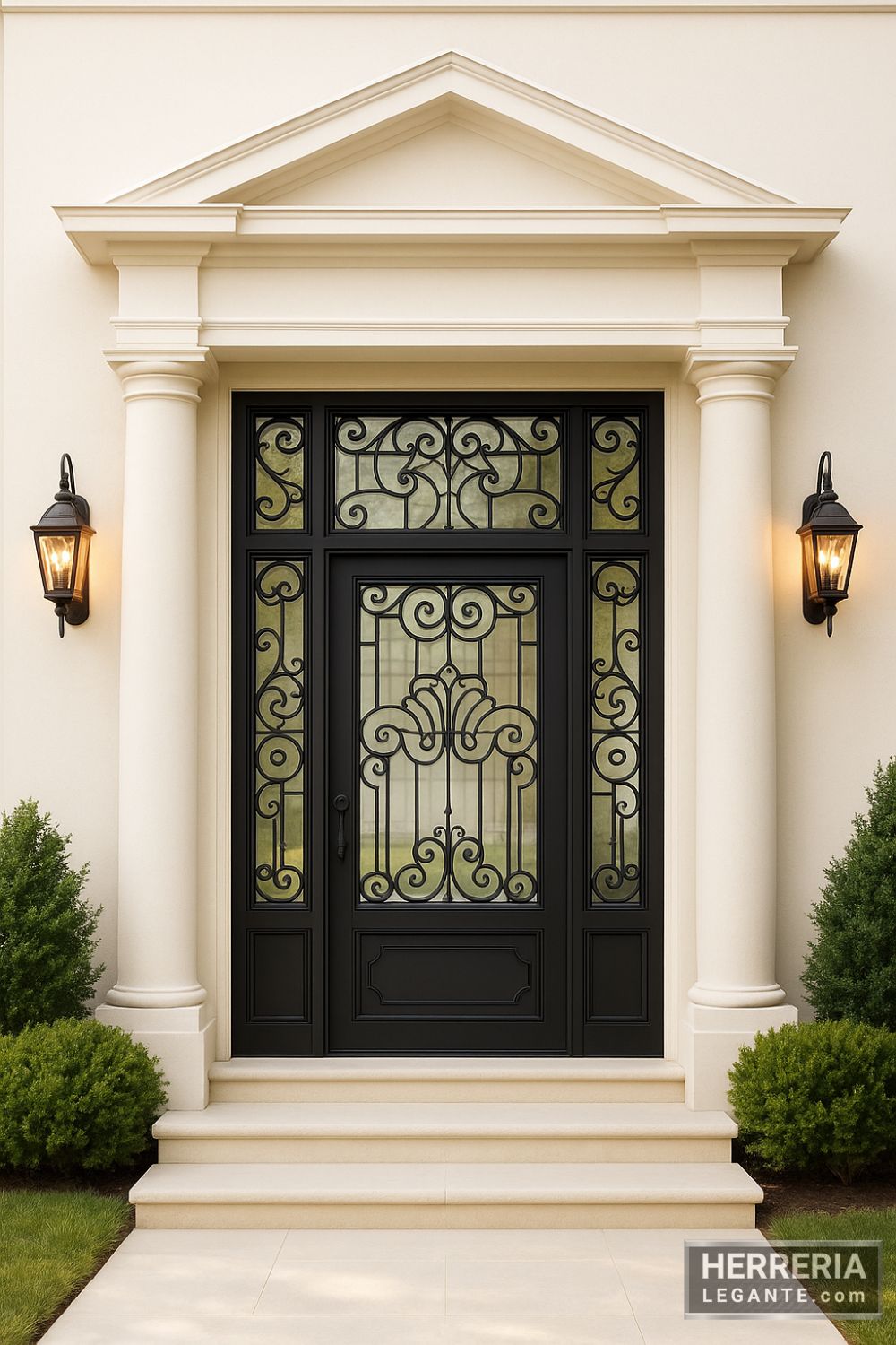 puerta principal de herrería con vidrio y diseño ornamental simétrico, instalada en fachada con columnas y pórtico clásico