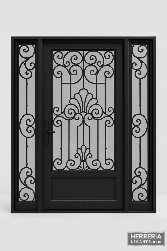 puerta de herrería negra con vidrio transparente, diseño ornamental simétrico y paneles laterales fijos sobre fondo gris claro