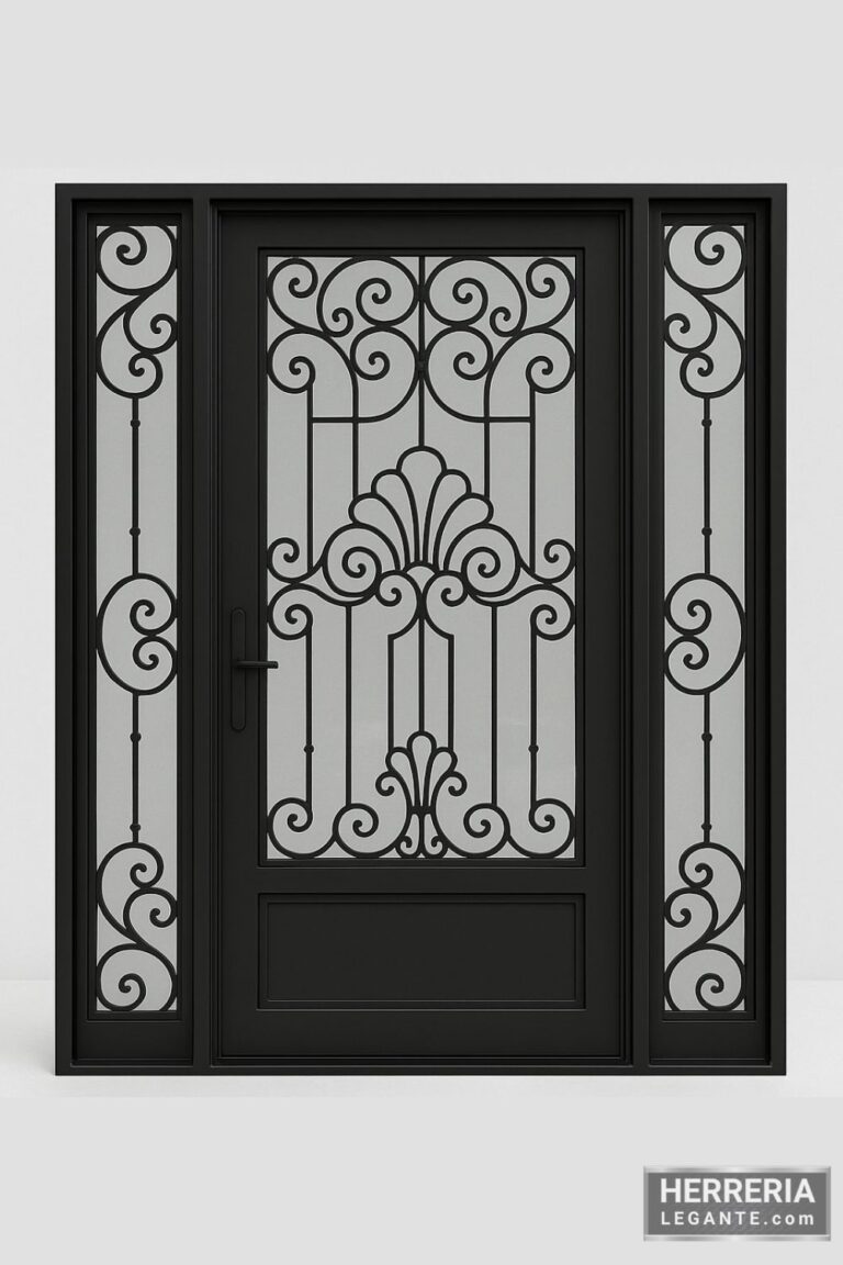 puerta de herrería negra con vidrio transparente, diseño ornamental simétrico y paneles laterales fijos sobre fondo gris claro