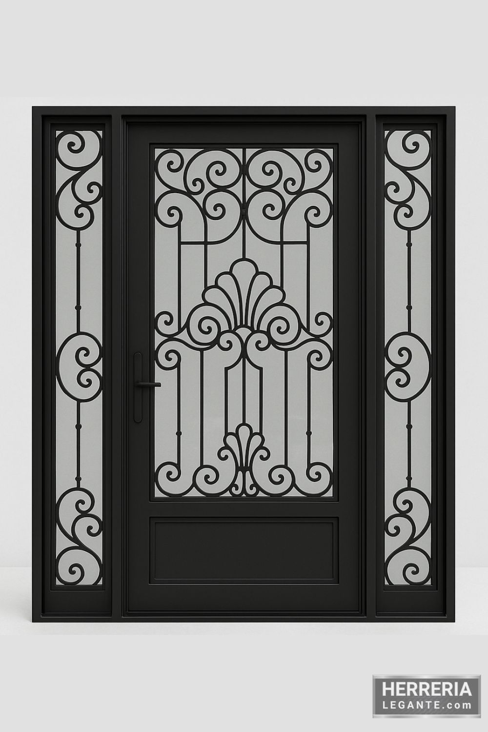 puerta de herrería negra con vidrio transparente, diseño ornamental simétrico y paneles laterales fijos sobre fondo gris claro