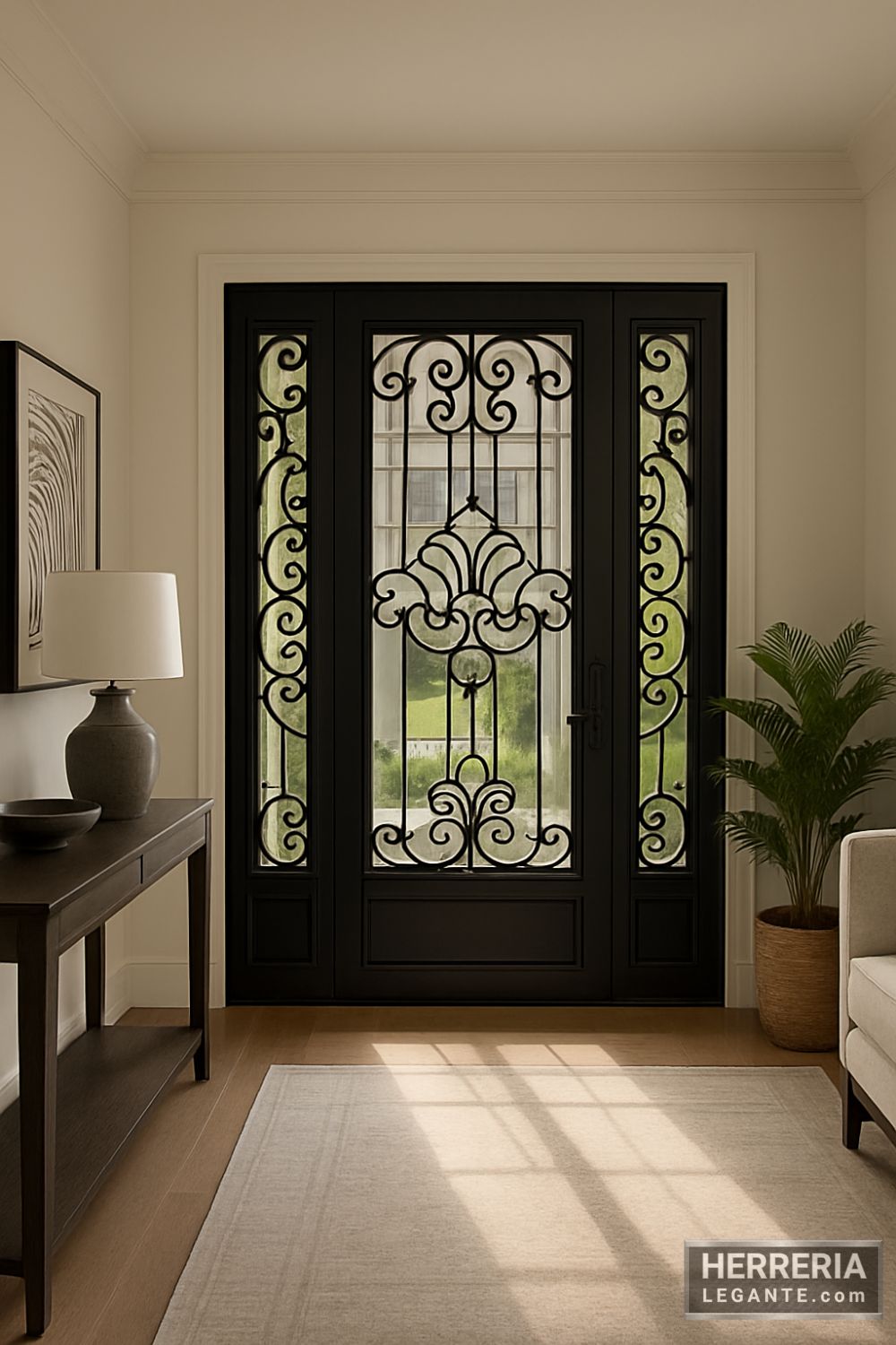 puerta de herrería negra con vidrio transparente y diseño ornamental vista desde interior clásico con consola, lámpara y plantas decorativas
