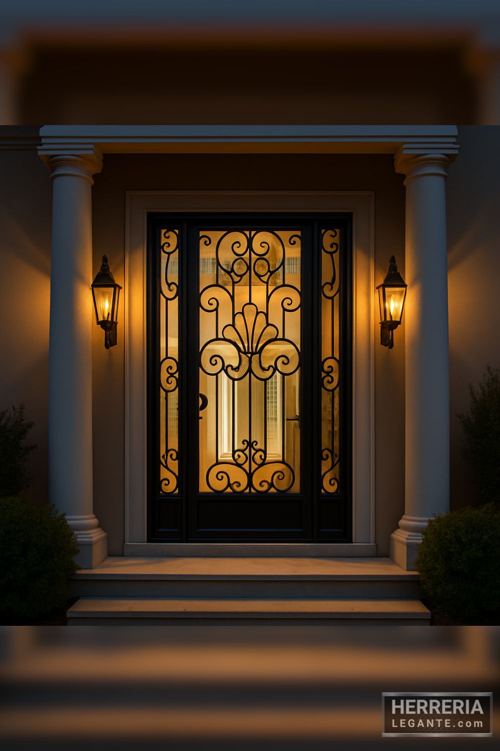 puerta de herrería negra con vidrio y diseño ornamental iluminada por faroles frontales en fachada clásica con marco blanco y luces cálidas