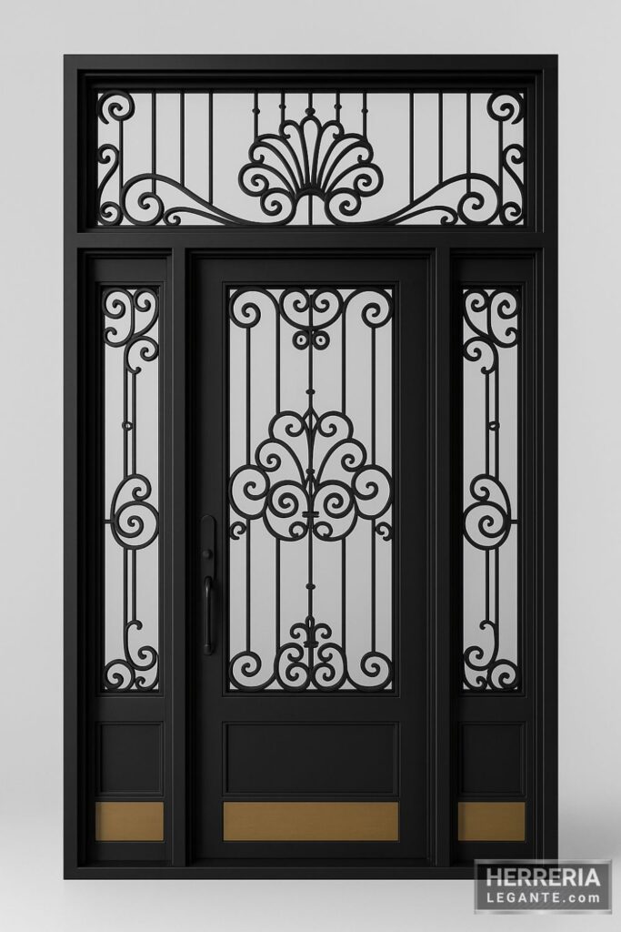puerta de herrería negra con tres cuerpos, vidrio templado, diseño ornamental simétrico y fijo superior decorativo sobre fondo gris claro
