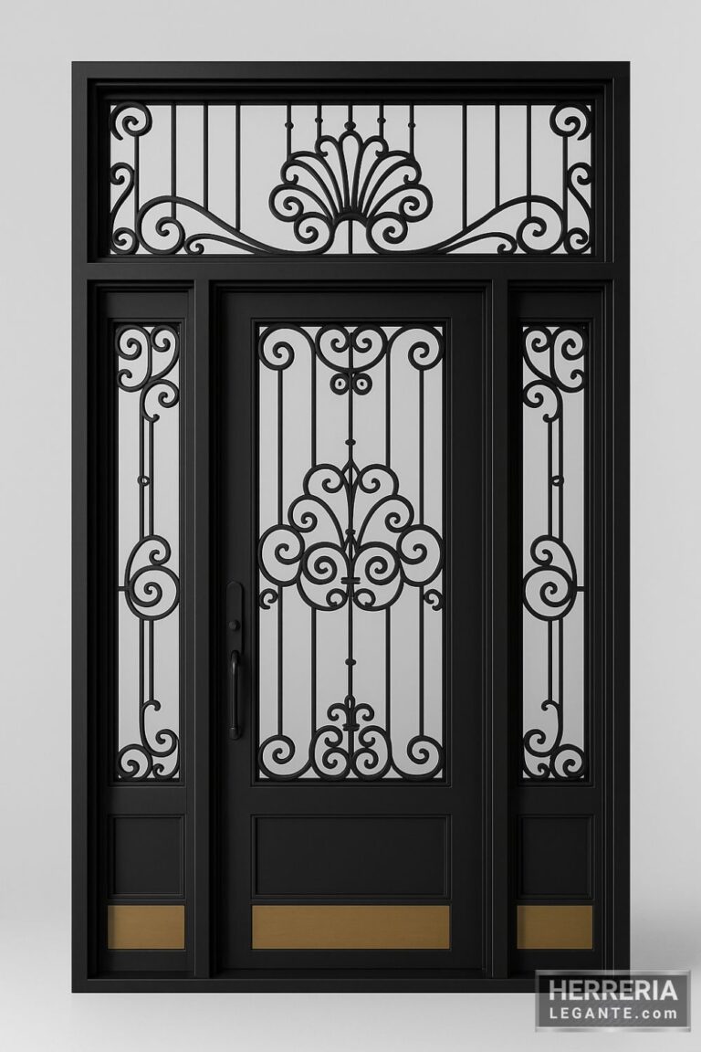 puerta de herrería negra con tres cuerpos, vidrio templado, diseño ornamental simétrico y fijo superior decorativo sobre fondo gris claro