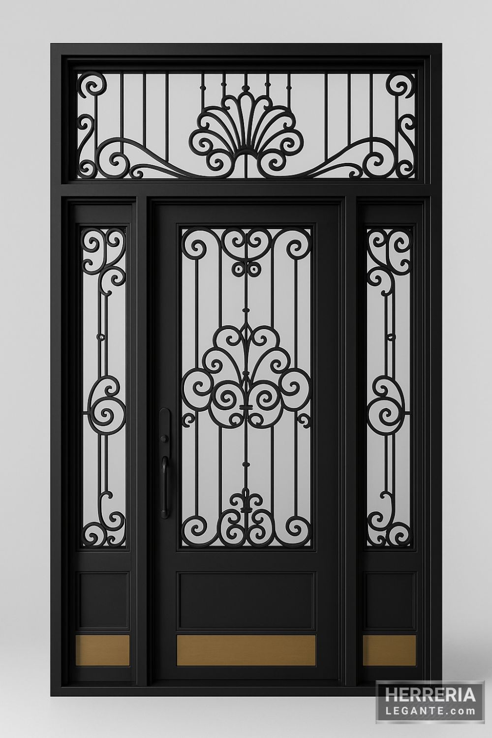puerta de herrería negra con tres cuerpos, vidrio templado, diseño ornamental simétrico y fijo superior decorativo sobre fondo gris claro