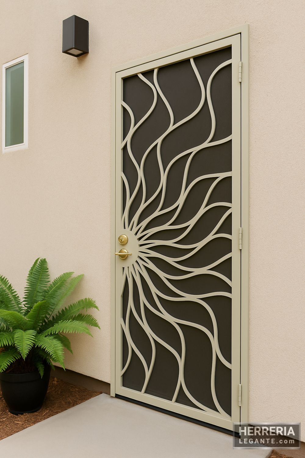 puerta de herrería beige con diseño radial en vidrio oscuro vista en ángulo en fachada clara con maceta decorativa y lámpara negra
