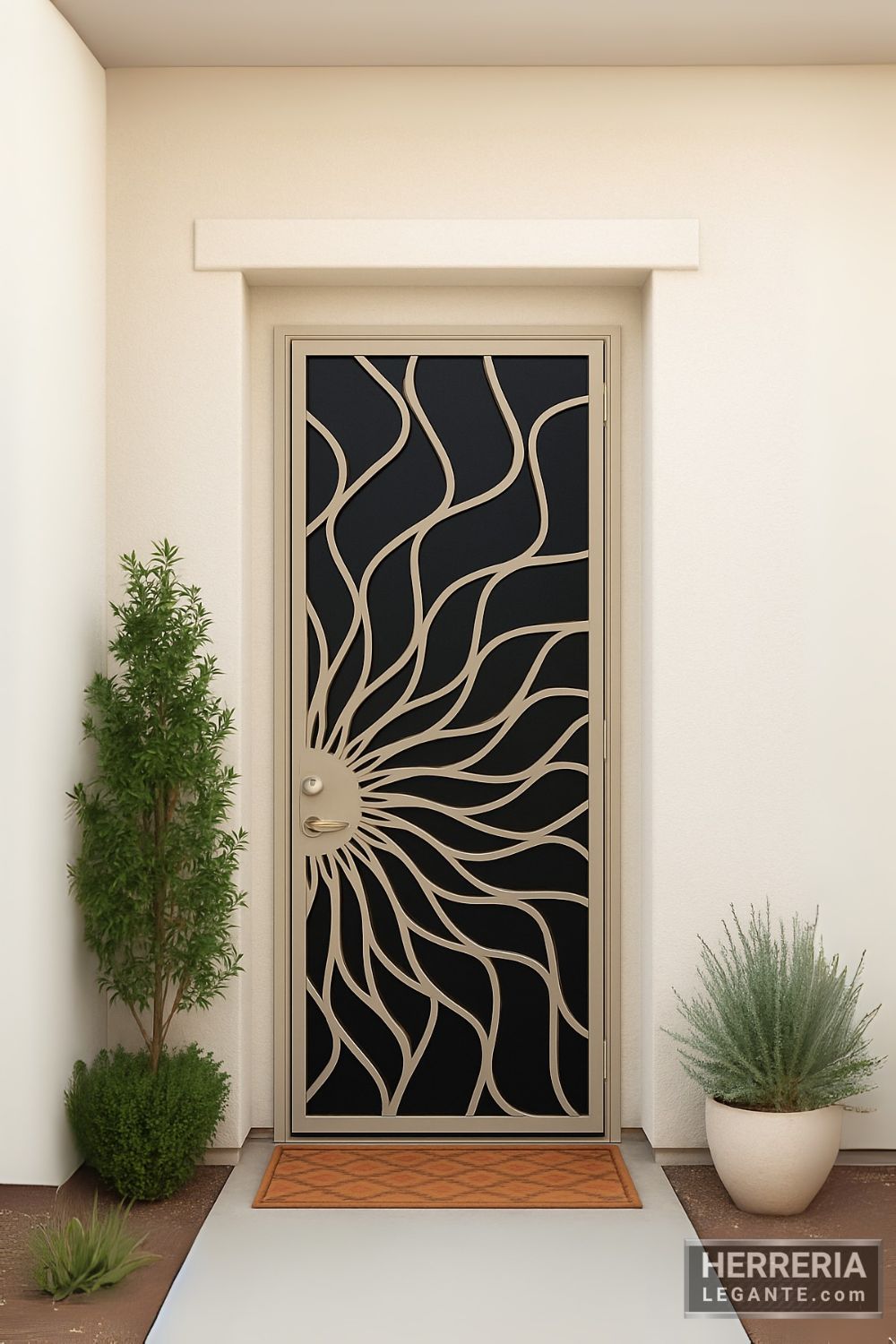 puerta de herrería con franjas onduladas radiales beige sobre vidrio oscuro, instalada en fachada neutra con plantas simétricas y marco sencillo