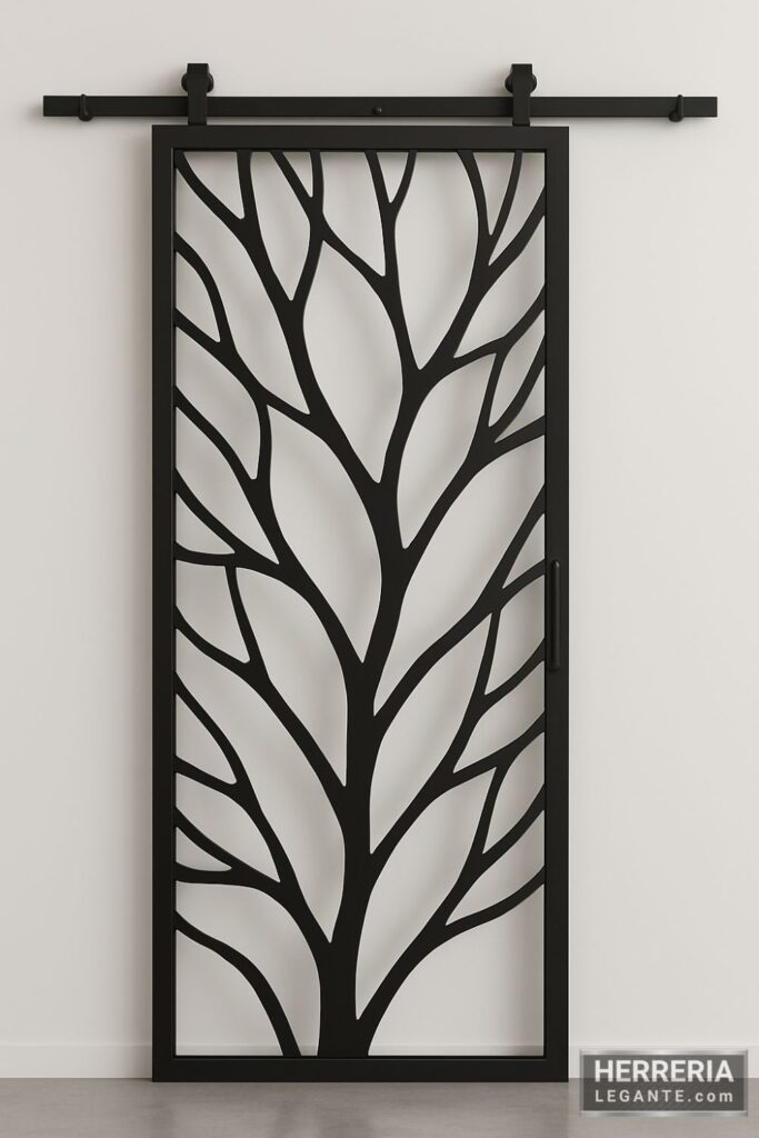 puerta corrediza de herrería con diseño calado de ramas, sobre fondo gris claro y estilo moderno