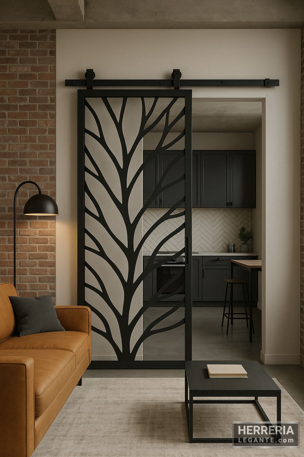 puerta corrediza de herrería con diseño calado de ramas, instalada entre la sala y la cocina de un loft de estilo industrial