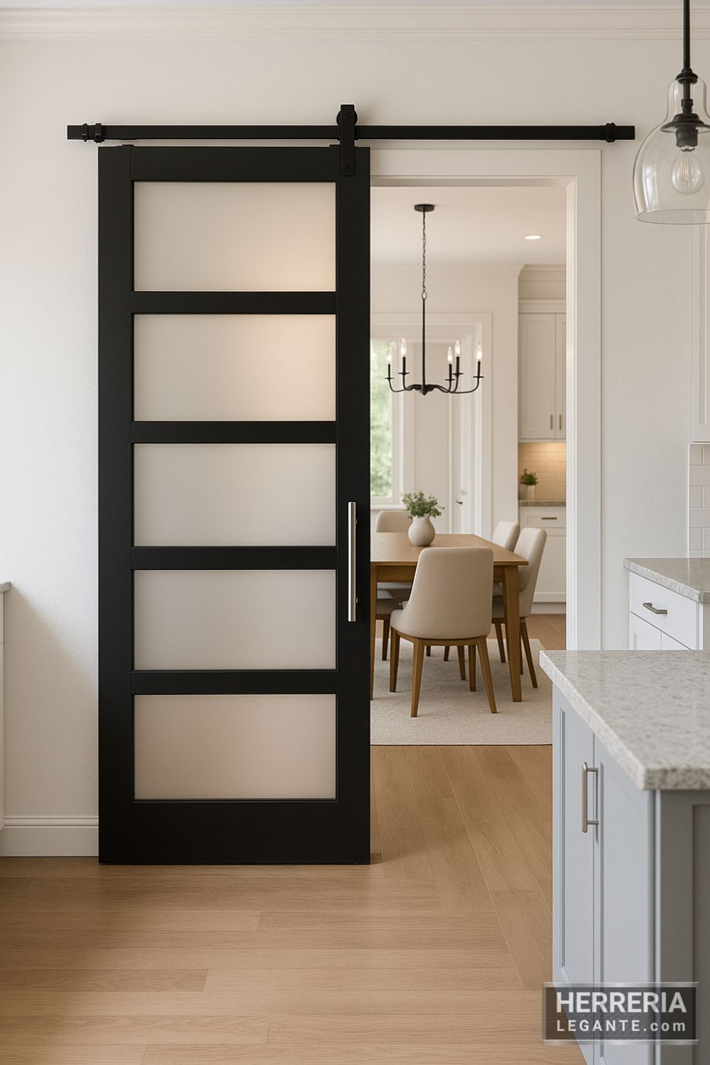 Puerta corrediza negra con vidrio esmerilado separando cocina moderna de comedor familiar iluminado