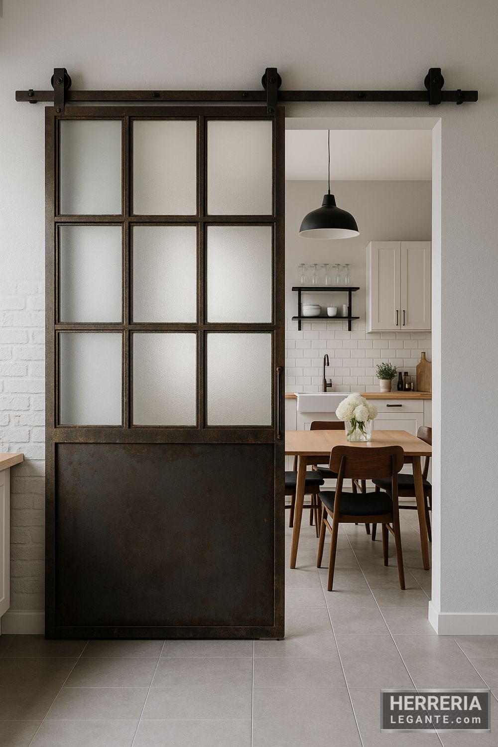 Puerta corrediza industrial de hierro envejecido con vidrio segmentado, separando cocina abierta y comedor moderno