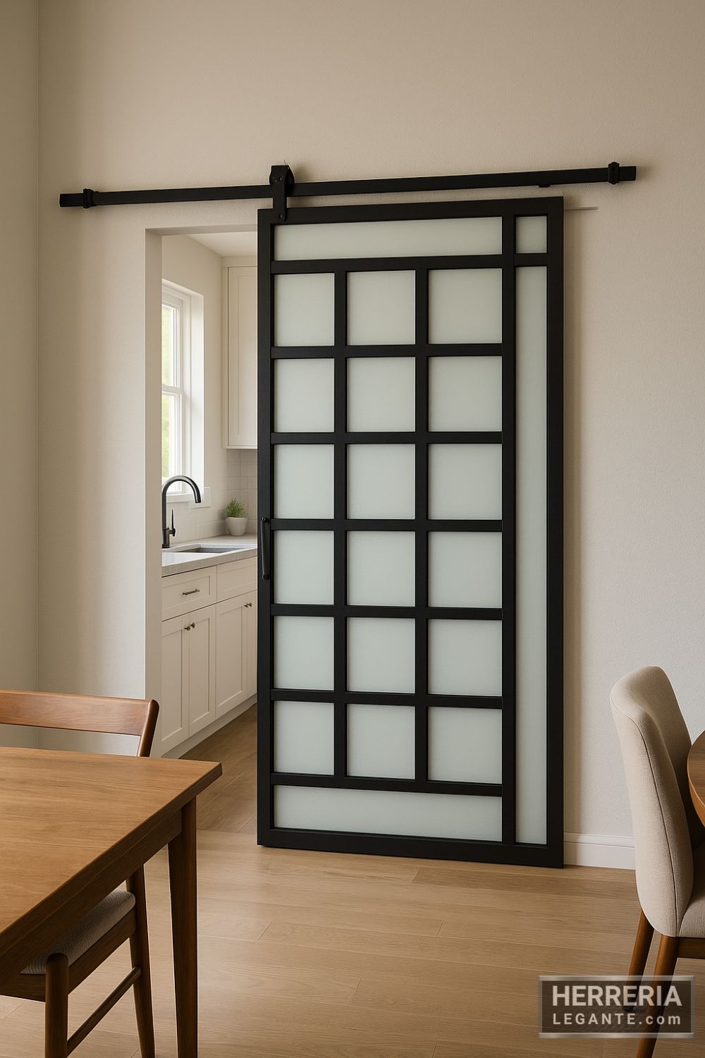 puerta corrediza de herrería con vidrio esmerilado dividiendo cocina y comedor moderno