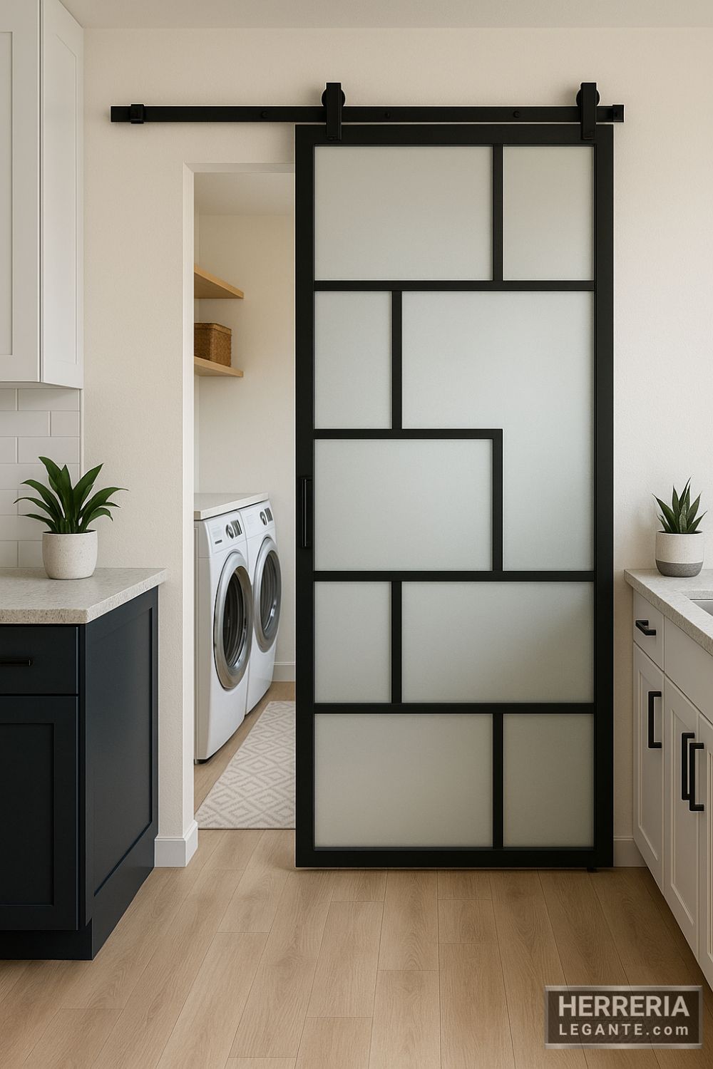 Puerta corrediza negra con vidrio esmerilado dividiendo cocina moderna y zona de lavandería