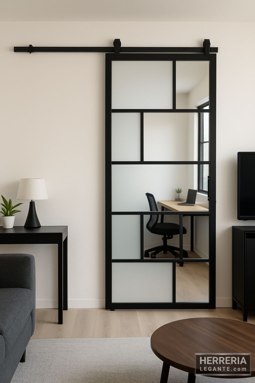 Puerta corrediza minimalista de vidrio esmerilado utilizada como acceso a closet desde dormitorio moderno