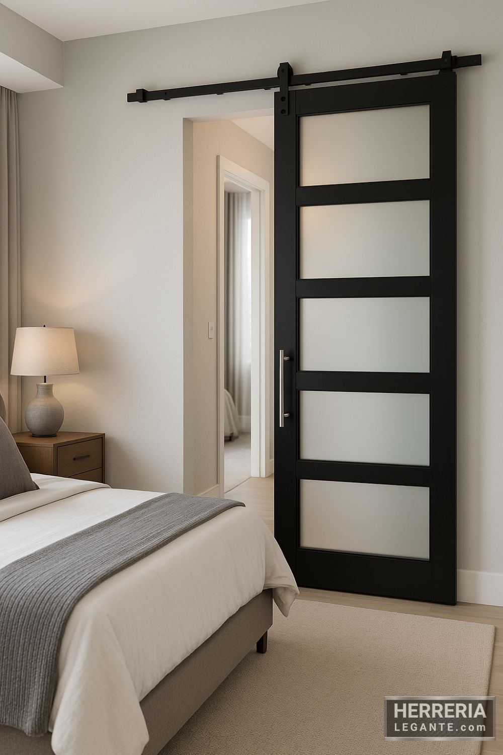 Puerta corrediza negra con cinco paneles de vidrio esmerilado instalada como acceso a dormitorio principal moderno