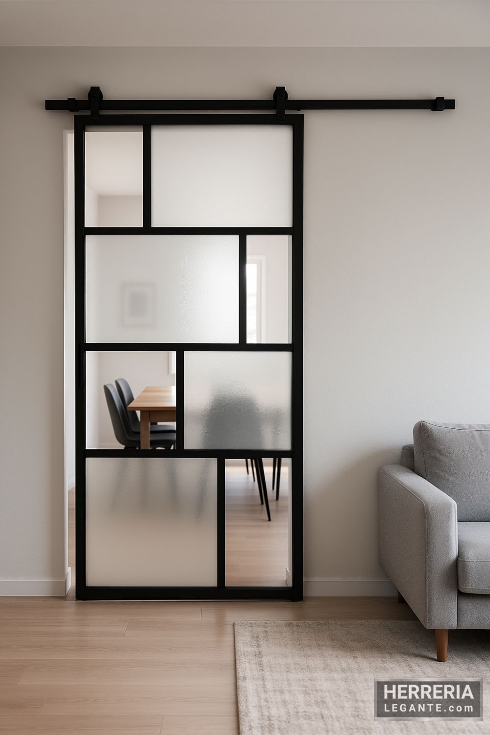 Puerta corrediza con vidrio esmerilado separando sala y oficina en casa, diseño minimalista con marco negro