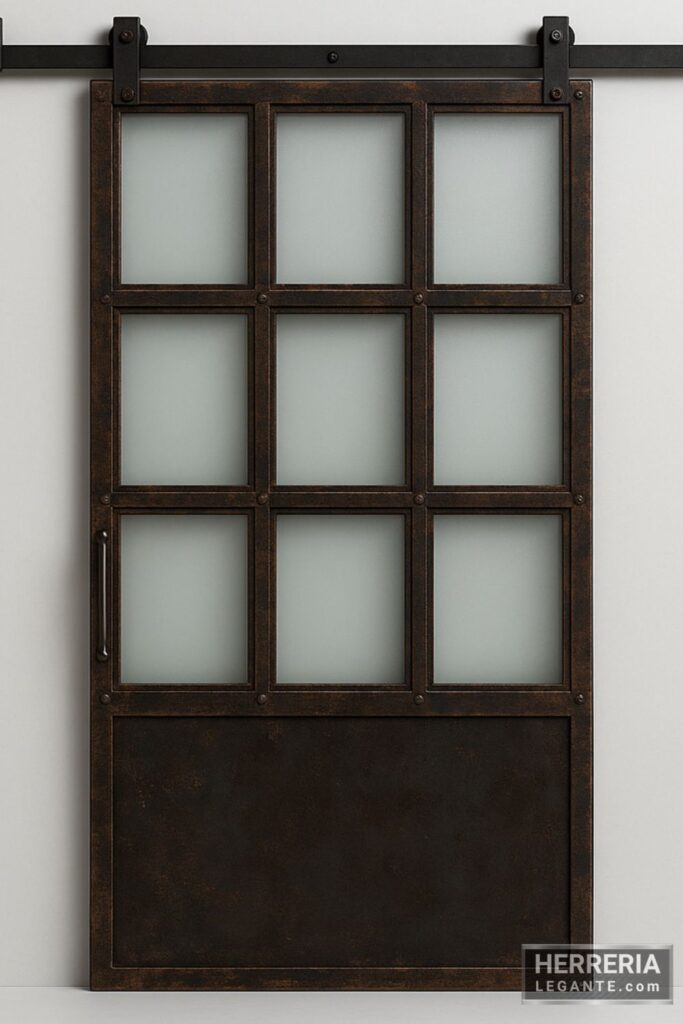 Puerta corrediza de hierro envejecido con paneles de vidrio segmentado y riel superior expuesto, estilo industrial
