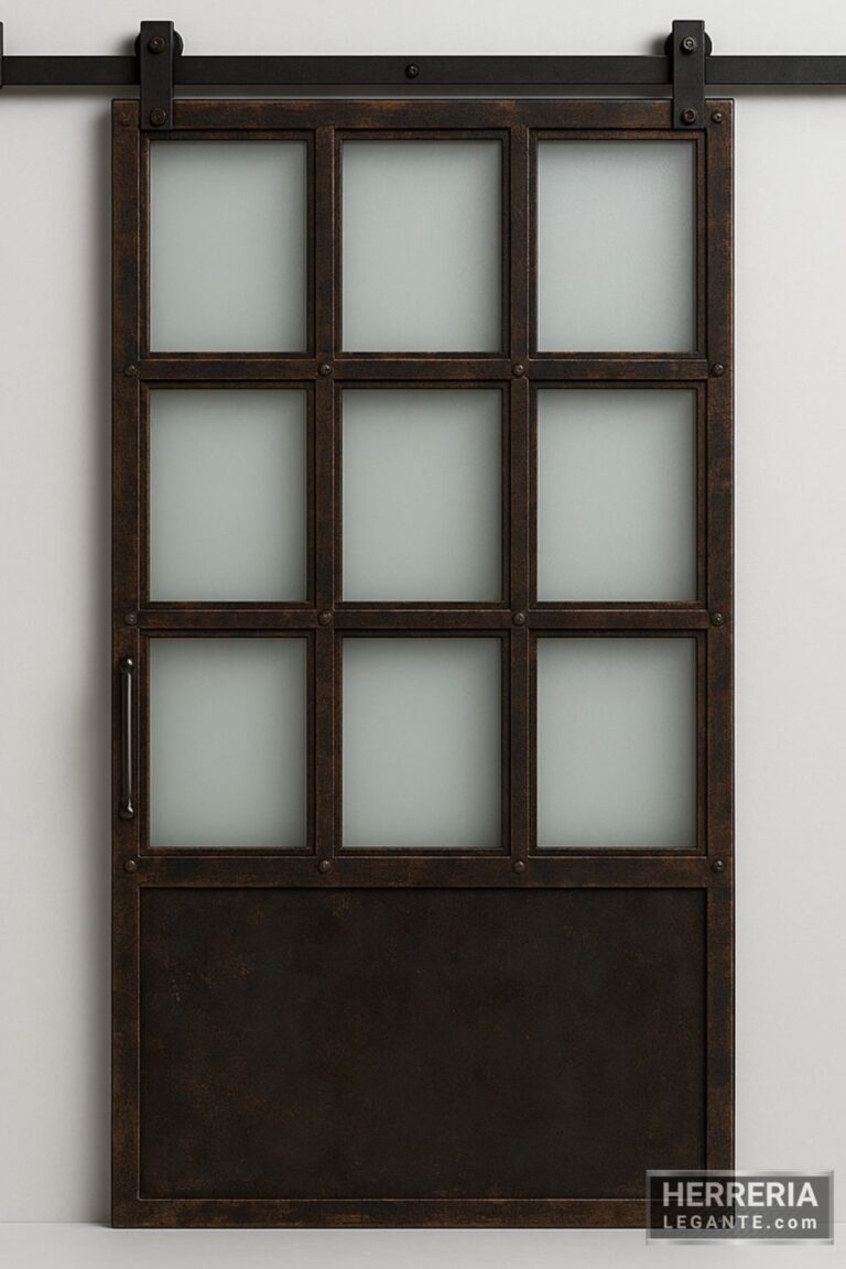 Puerta corrediza de hierro envejecido con paneles de vidrio segmentado y riel superior expuesto, estilo industrial