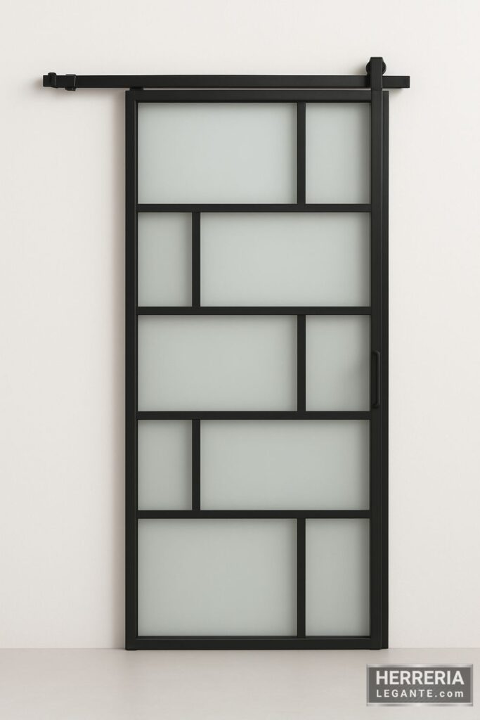 Puerta corrediza minimalista de hierro negro con diseño geométrico y vidrio esmerilado, vista frontal sobre fondo claro