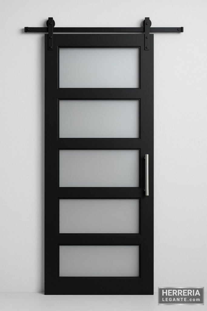Puerta corrediza negra con cinco paneles de vidrio esmerilado y tirador metálico sobre fondo gris neutro