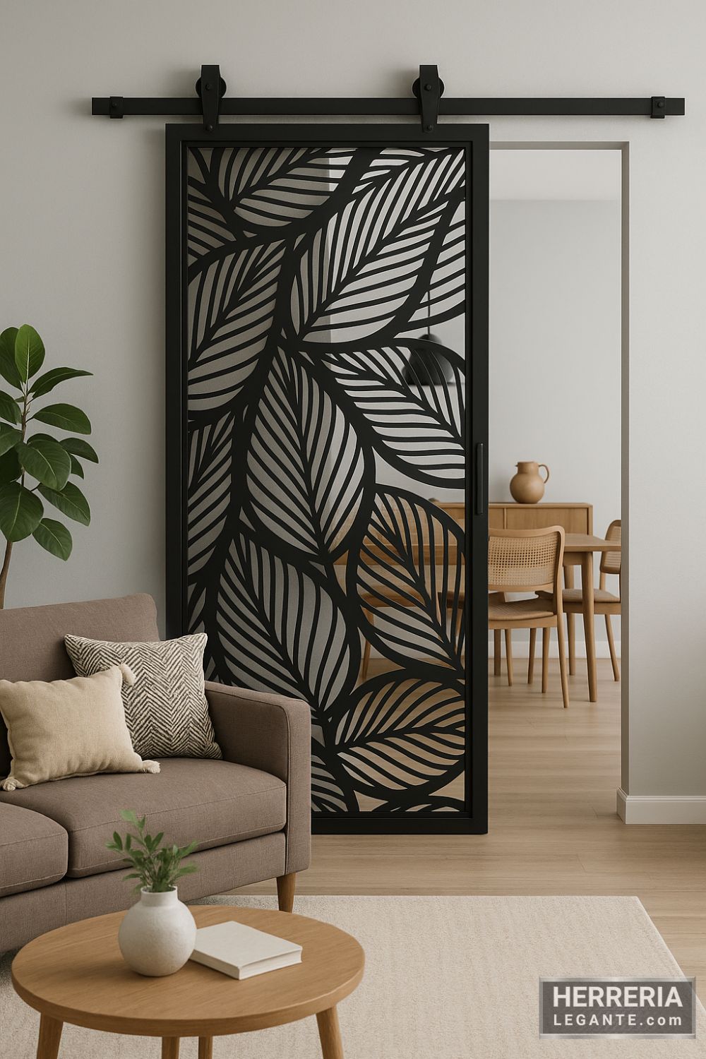 puerta corrediza de herrería con diseño calado de hojas, instalada entre la sala y el comedor en un ambiente moderno