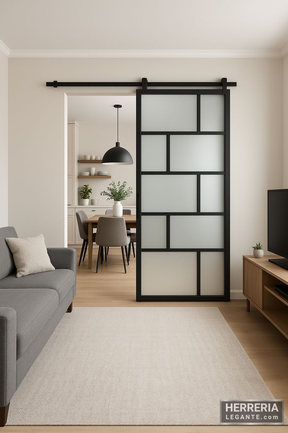 Puerta corrediza minimalista instalada entre sala y comedor moderno, con marco negro y vidrio esmerilado