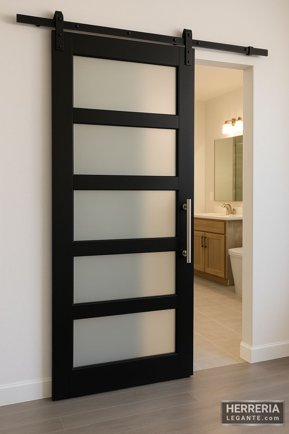 Puerta corrediza negra con vidrio esmerilado usada como acceso a baño dentro de suite moderna
