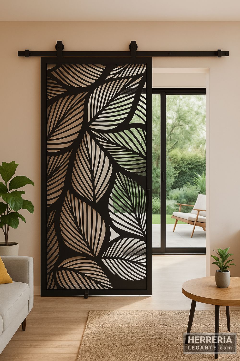puerta corrediza decorativa de hierro calado con diseño de hojas, en interior con salida a patio ajardinado y estilo moderno