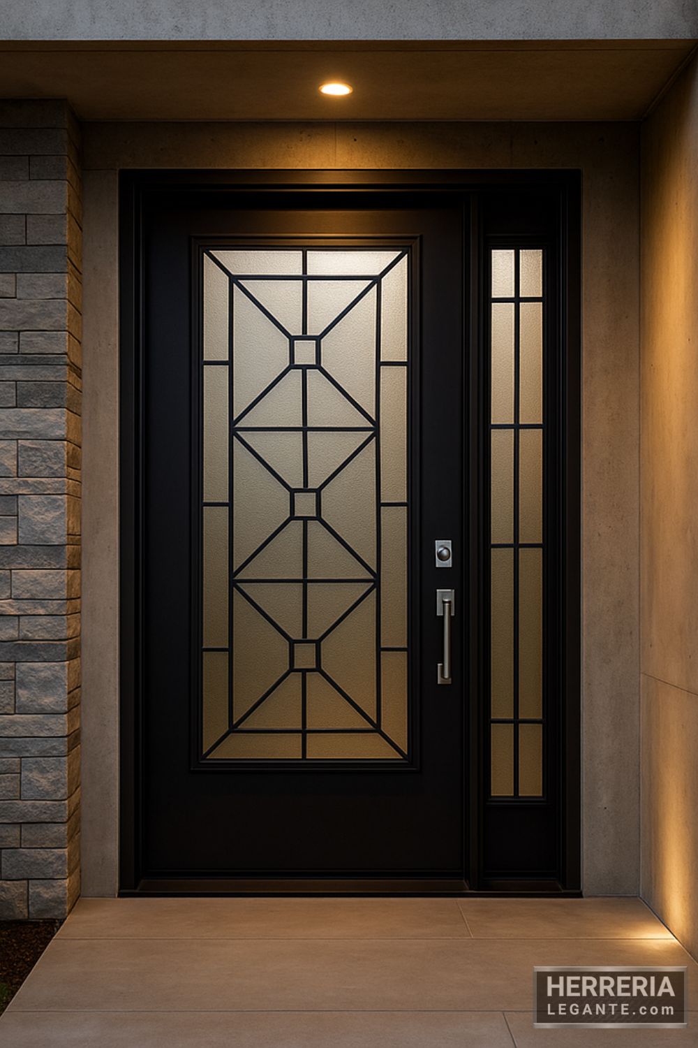 Puerta de herrería negra con vidrio esmerilado y diseño geométrico instalada en fachada con acabados de piedra natural y concreto visto