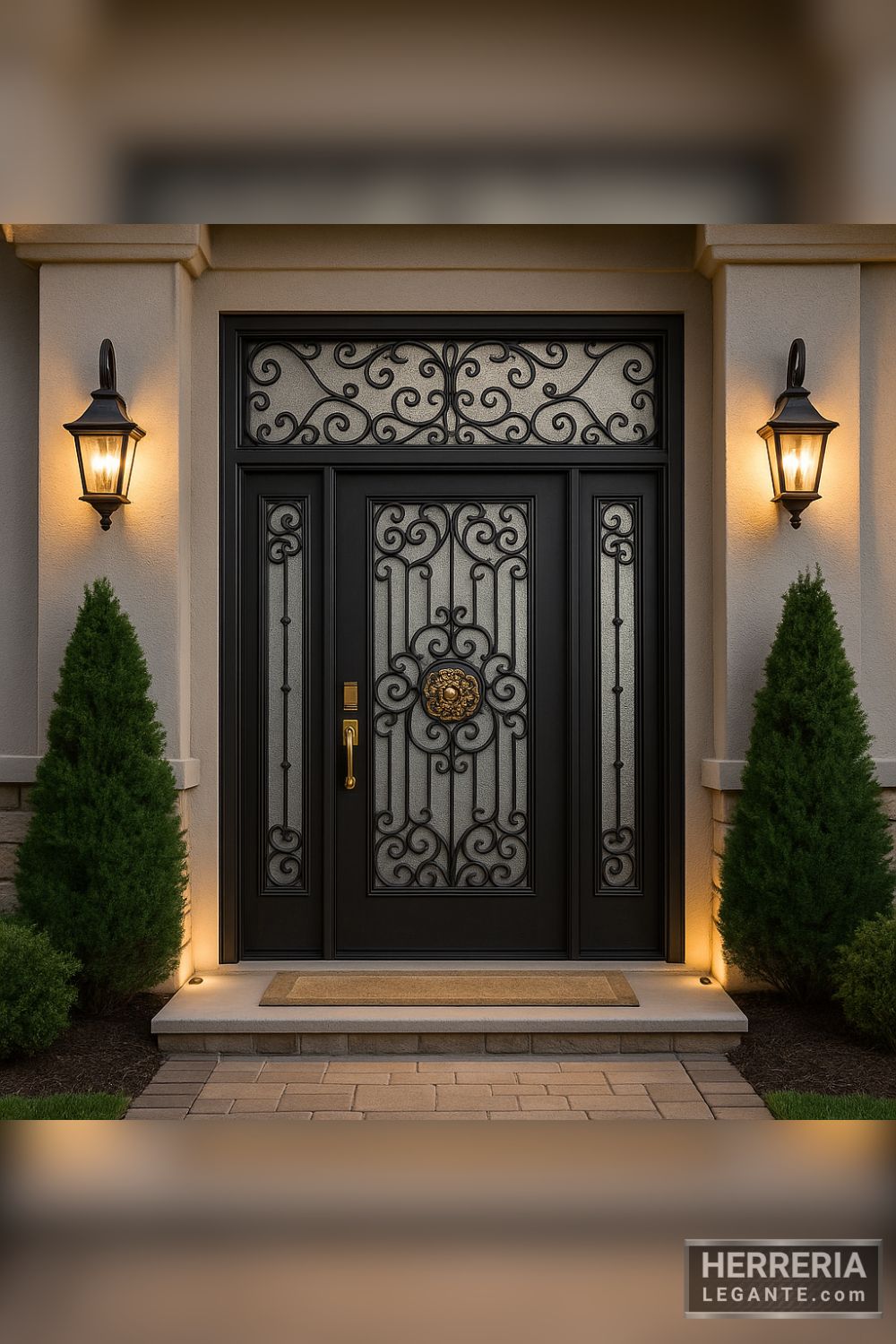 Puerta de herrería grande con diseño ornamental y medallón dorado en fachada destacada con iluminación cálida y vegetación simétrica