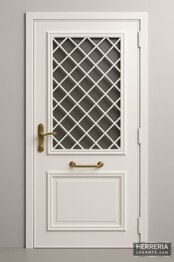 puerta de herrería blanca con vidrio superior y reja cruzada en rombos, parte inferior sólida con moldura y manija dorada