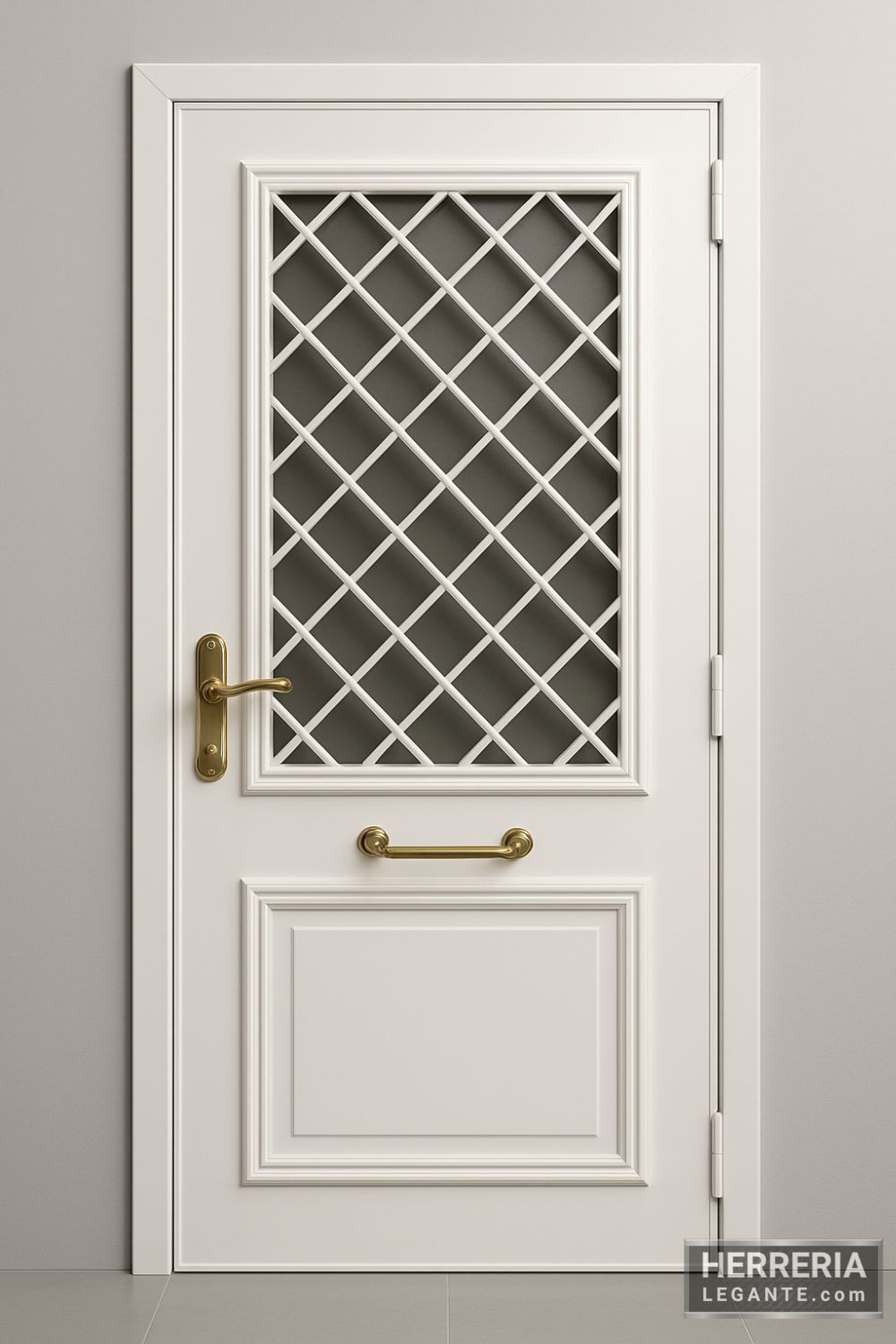 puerta de herrería blanca con vidrio superior y reja cruzada en rombos, parte inferior sólida con moldura y manija dorada