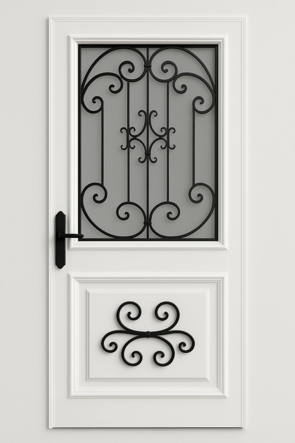puerta de herrería blanca con vidrio esmerilado y detalles decorativos de hierro forjado en formas curvas