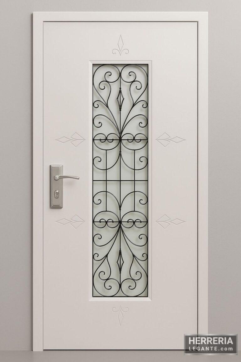 puerta de herrería blanca con vidrio central y forja ornamental en fondo neutro gris claro, vista frontal simétrica