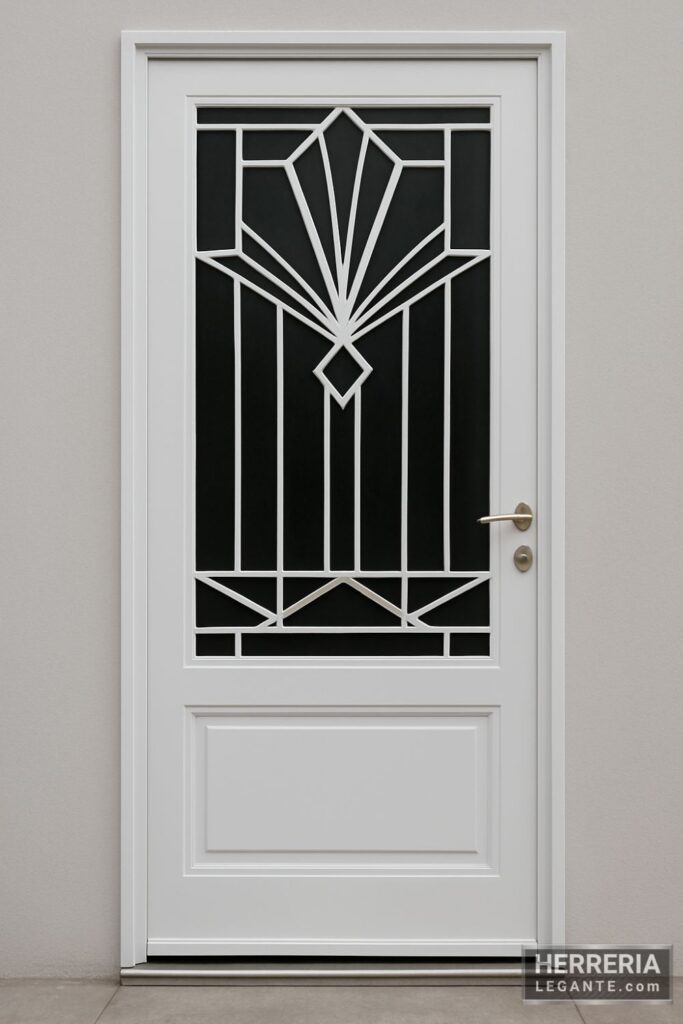 puerta de herrería blanca con diseño geométrico en hierro forjado y vidrio oscuro, vista frontal sobre fondo neutro