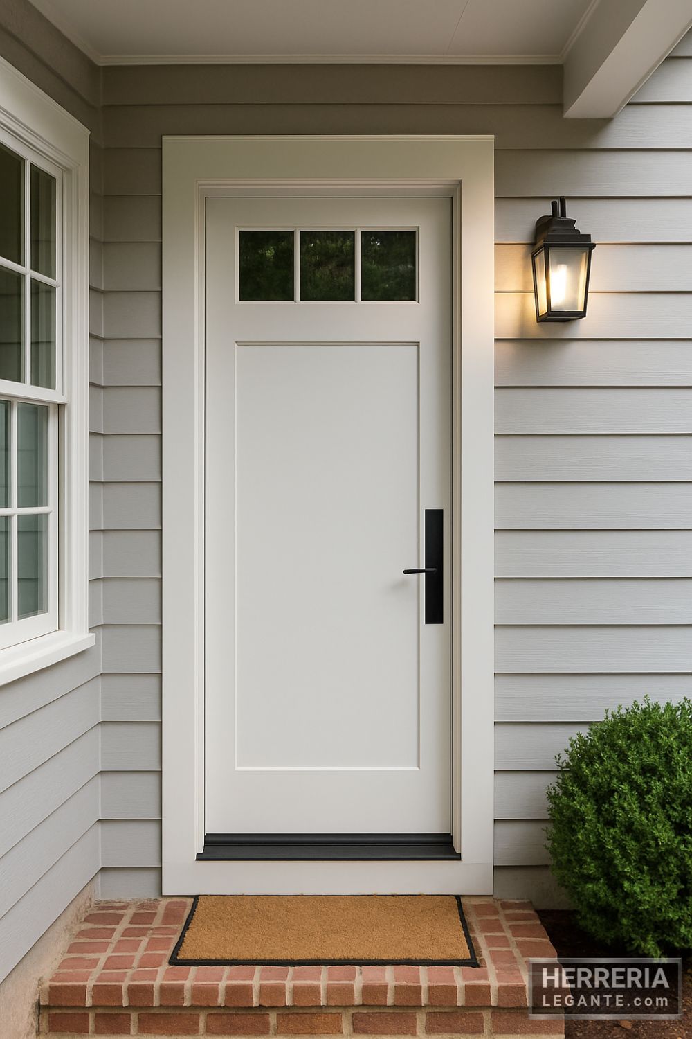 puerta de herrería blanca con tragaluz de cuatro vidrios, instalada en acceso posterior con piso de piedra, plantas y pared clara en vivienda familiar