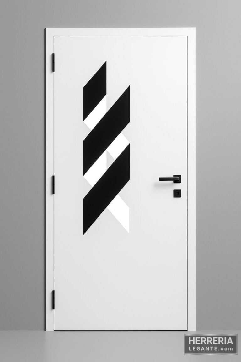Puerta de herrería blanca moderna para interior con diseño geométrico elegante