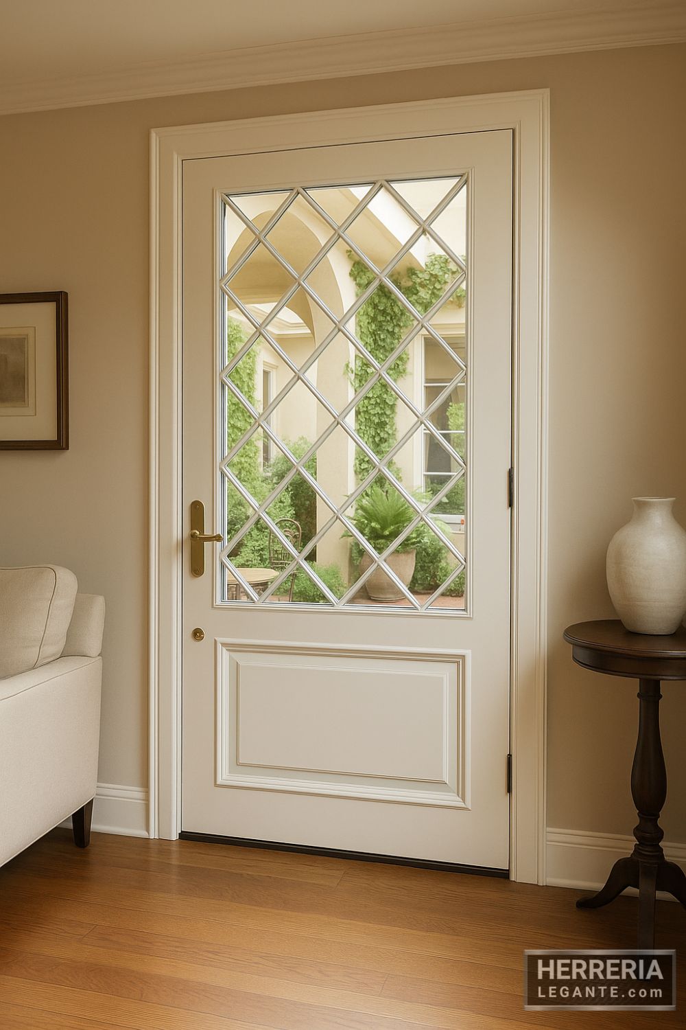 puerta de herrería blanca con vidrio y reja cruzada en rombos vista desde más lejos en pasillo interior elegante