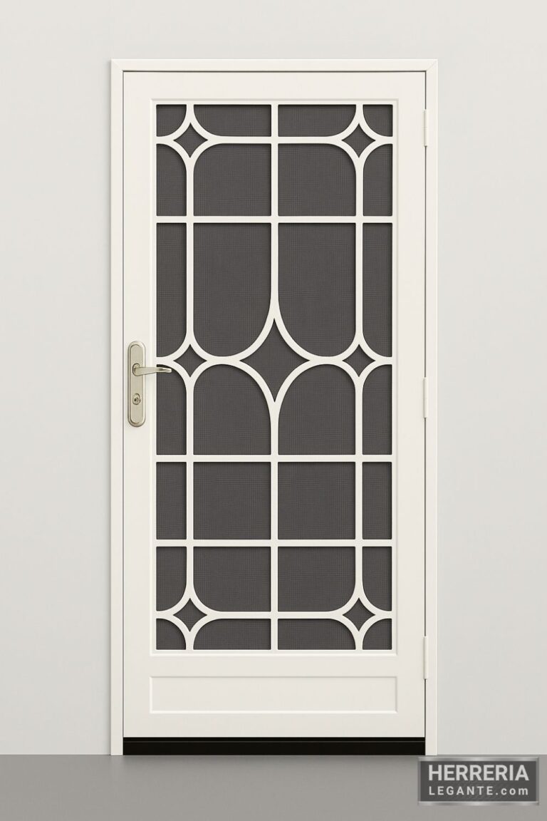 uerta de herrería blanca con rejilla decorativa geométrica para interiores, vista frontal fondo neutro