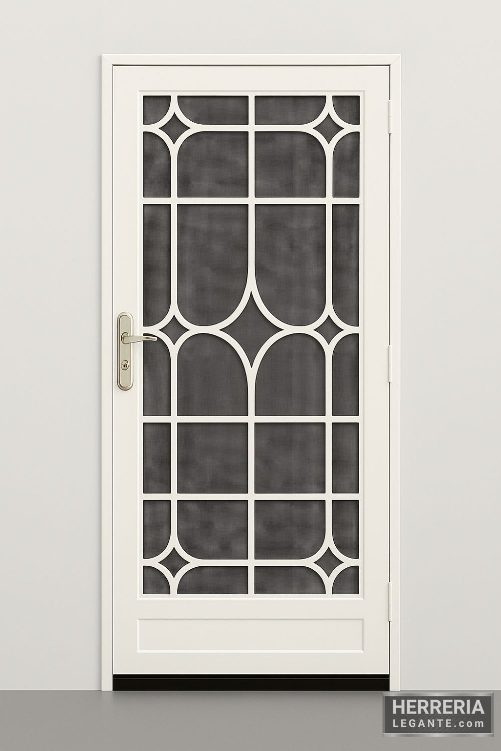 uerta de herrería blanca con rejilla decorativa geométrica para interiores, vista frontal fondo neutro